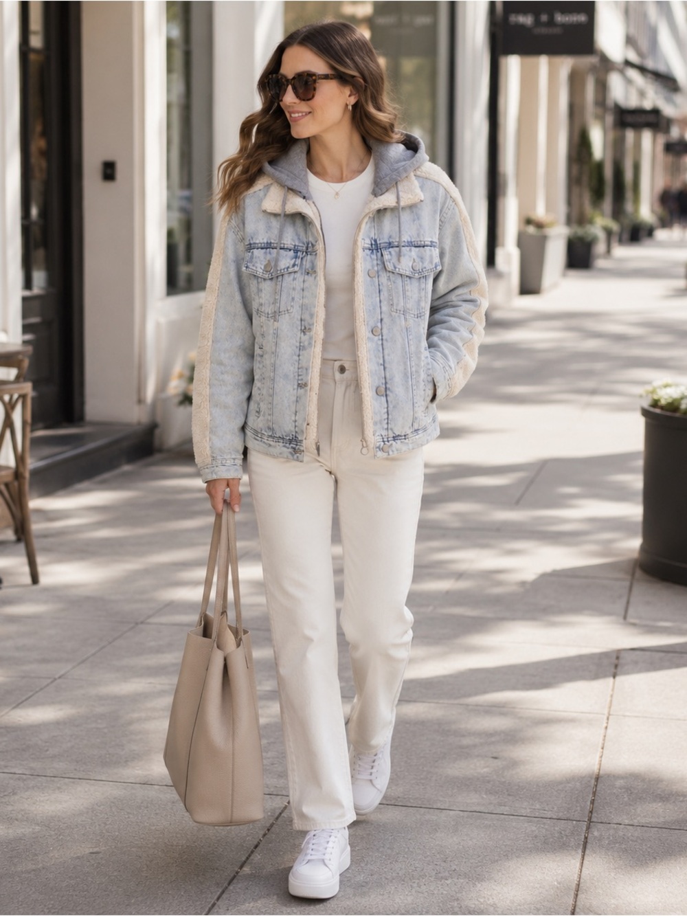 Buckle Hooded Sherpa Lined Denim Jacket Light Wash Jean Coat Cream Gray NWT - Picture 3 of 4